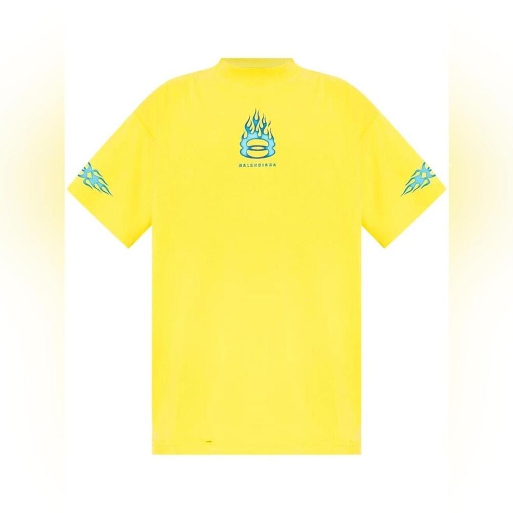 NWT Balenciaga Unisex Yellow Neon Holographic Distressed Tee T-shirt  Size XL
